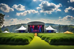 a big open disko stage in modern city in a very big square , at distance,blue sky pretty clouds ,night .