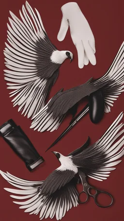 White clipped wings on a red fabric, next to scissors and black leather gloves. Cinematic image