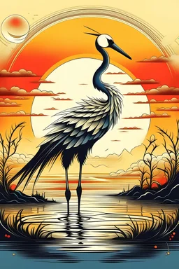 tattoo design of a Japanese crane standing in water with a sun in the background