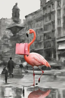 the woman rides on the back of a flamingo in the city center with a huge shopping bag, collage, stamp, old newsprint, pen, dry flower, ink, bizarre