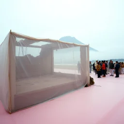 A Hasselblad H6D-400c photo of an odd room with structures. A transparent tarpaulin covers an image resembling a ruined building. There is a group of people in the background and a high hill in the distance. The surface below is in a pastel color. Fog is present.
