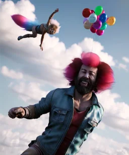 Ultra realistic speed clouds sky scene, wide angle view, strong men falling down with many Childs, circus clothing style, feather color clothing, free jumping flying, many trinkets, hair monster, many jelly beans, balls, color smoke, smile, happy, extreme, wind, clouds sea, 20,000 feet altitude, stratosphere, soft color, highly detailed, unreal engine 5, ray tracing, RTX, lumen lighting, ultra detail, volumetric lighting, 3d, finely drawn, high definition, high resolution.