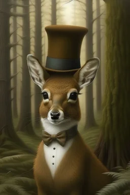Cute realistic whitetail fawn wearing a top hat; big pine trees all around; in the style of Chris Dunn