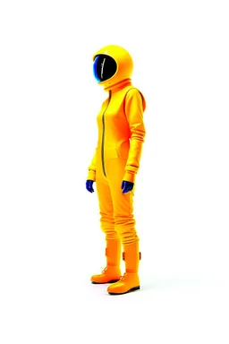 Full head to toe portrait + profile of a creature with (((a flat orange triangle pointing downwards for a head))), large round eyes like bright yellow headlights, a small body, its feet are in seamless silver and orange skin-tight boots with its skin-tight jumpsuit. It stands out against a white background.