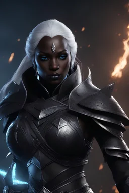 dnd pc art drow fighter, 8k, pitch-black skin, 3d cgi, unreal engine 6, high detail, intricate, cinematic background