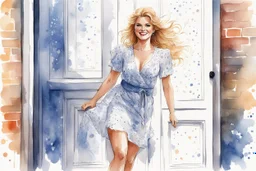 Open the door: young lady star Ginger Lynn in light dress stands on the doorstep with a smile [a chaotic pen sketch with a lot of strokes in stippling, aquarelle]