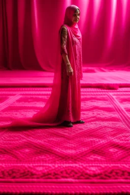 A veiled woman stands on a pink carpet