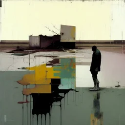 Minimal contemporary abstract oil paintings of desolate 1960s carpark with road markings and concrete fragments. Overlay with grungy typography graphics. style of Justin Mortimer and Francis Bacon.