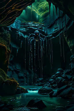 A cave with covered with waterfalls