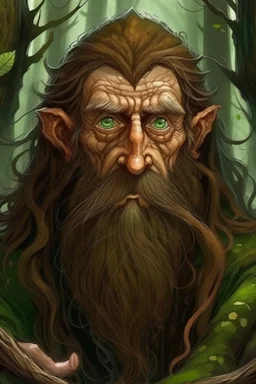 Gnom, braune lange wilde Haare, große, auffällig dicker Nase, grüne Augen, sehr jung (etwa zwanzig Jahre) , Druide, Haut wie Baumrinde, Zeichen im Gesicht, keine Falten im Gesicht, Mann