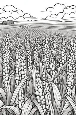 coloring page, corn field, cartoon style, thick lines, low detail, no shading