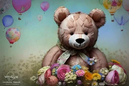 line art, watercolor wash, ( patchwork teddy bear sitting amongst flowers and balloons) brian froud style, carl larsson style, colourful palate, perfect composition, detailed background by daniel_merriamn summers day, studio photo, intricate details, highly detailed highly detailed elegant studio lighting intricate beautiful award winning crisp quality colourful very cute Daniel Merriam Daniel Gerhartz midjourney quality