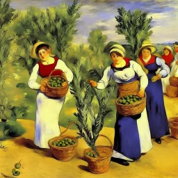 women picking olives in style of manet