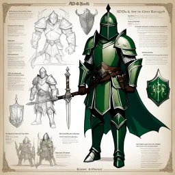 ConceptSheet for AD&D in the style of wii No More Heroes style with thick lines: the green knight Arthurian Lore Concept: helmet, armour, and weapons with their blueprint: sword, shield, helmet, plate, and all the package of a knight-errant