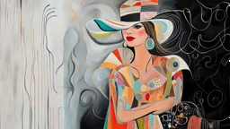 abstract paint from Lady in big hat , vibrant colors, folk art, non-figurative mode, style combined abstract art with dadaism, patchs, black lines, surrealism style