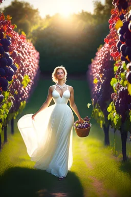 Curve 35 Years Old Woman Picking Grapes In Vineyard,Sun Light, Shiny Simple White Costumei, Perfect Legs, Tom Bagshaw, Frank Frazetta,Detailed Face Hyperdetailed By Alphonse Mucha, Baroque, Romanticism, Depth Of Field, Digital Illustration, Unreal Engine 5, Expansive, IMAX, Metal Reflections, White Sunlight, Bokeh