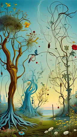 A garden of wired out of this world flowers and trees with light blue sky in Bosch painting style and Dali