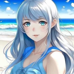 hime hair, white skin, bangs , eyes blue , white hair , beach , girl , cute , anime