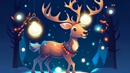 fantasy cartoon style illustration: happy reindeer lights Christmas lanterns and sings creating a joyful atmosphere.