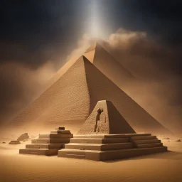 Hyper Realistic haunted view of statue of Egyptian Pyramids with sandstorm at dark night with pharaoh coffins