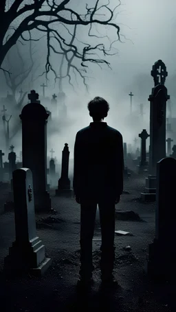 A still from a horror movie. A young guy stands in the middle of a gloomy cemetery near a grave and an eerie black shadow appears behind him.