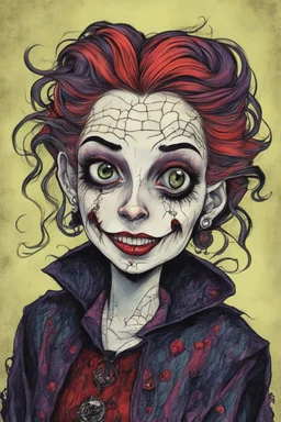 a cartoon illustration of a schizophrenic goth vampire girl , in the cartoon style of Lynda Barry , Ernie Pook's Comeek, vibrant natural colors, , museum quality masterpiece