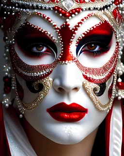 Beautiful young woman adorned with rennaisance Venetian masquerade etherial half face venetian rennaisance masque ribbed with white opal irridescent black obsidian and red zafír, golden glitter as white and red Dusty makeup on wearing rennaisance venetian style costume ribbed with red. White and black mineral stones like red zafire, irridescent wite opal and black onix wearing black and red venetian rennaisance style floral headdress organic bio spinal ribbed detail of extremeli detailed portrai