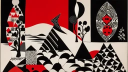 An abstract and geometric illustration by Malevich and Kuniyoshi of a black and white desert landscape with an anarchist red and back flag.