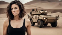 beautiful caucasian female technician, black tank top, well toned muscles, scratched sand camo metal details, short brunette wavy bob haircut, dystopian, desert scene