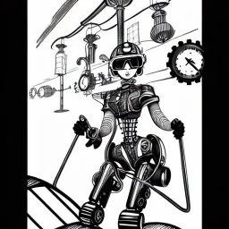 great illustrator, spanish, pencil sketch of a cute girl, beautiful, steampunk syle, black and white. Helmet with tubes. glasses. Machinery in the background. robotic bird flying. High details.