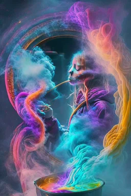 magic noodle soup that is a portal to another dimension with lots of colours smoke and dust girl effects, reality, Raw, by addie digi