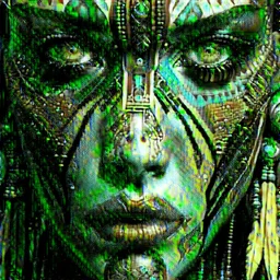 a close up of an Amazon tribe woman with a white red yellow blue green and brown face paint, exotic style, exotic, cybernetic faces, of a futuristic woman selk'nam, beautiful biomechanical djinn, intricate beautiful faces, intricate cyberpunk make - up, stunning digital art, cybernetic machine female face, amazing digital art, gorgeous digital art