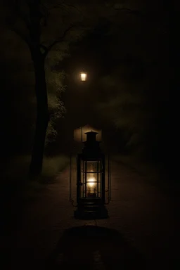 Night, lantern, square bench, dirt roads, trees, gothic horror films influence, creepy, photography