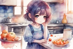 watercolor and ink, cute chibi anime sad girl in the kitchen, ethereal, cinematic postprocessing, bokeh, dof