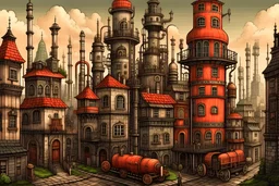 A world of rusty and greyish buildings, pipelines, smoking chimneys, with steampunk elements, by Amanita Design