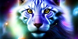 a wise cyborg space tiger looking out at the cosmos. nebula sky. clarity. High detail. natural tones