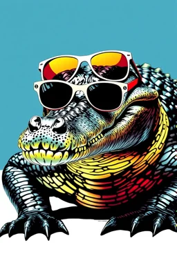 crocodile with sunglasses in the style of warhol