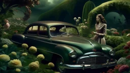 A mysterious place, a classic car, two women, among flowers