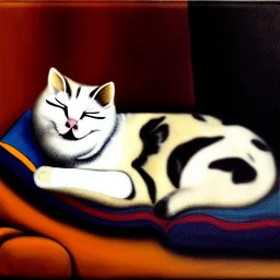 oil portrait of tricolor pattern Cat sleeping in a sofa by Velázquez 8k