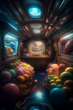 a look from the inside of a whimsical furry candy submarine, hyper realism, photo realism, realistic lighting, realistic color grading