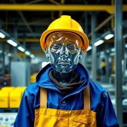 an very sad transparent glas man with blue and yellow working clothes, in a factory, nobody cares about the empty glas man, that is why he is so sad :( , he had worked 30 years in the factory and never had a salary increase, tears in his eyes, the working man is transparent, everyone see through him