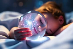 airbrush with pen outline, sleeping too close to a reflective orb containing plasma in the style of Escher , bokeh like f/0.8, tilt-shift lens 8k, high detail, smooth render, down-light, unreal engine, prize winning