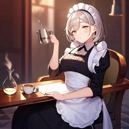 anime girl dressed as a waitress filling a tea cup of coffee, in a diner, with tables and chairs nd booths, two identical tea cups sitting on a table, waitress is pouring coffee into a cup and it over flows