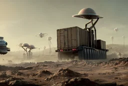 A Tesla 'Semi' (semi truck) is parked, in the battle against Martians of "The War of the Worlds". (CINEMATIC, WIDE ANGLE LENS, PHOTO REAL)