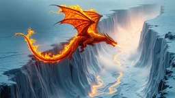 A dragon made of living fire soaring over an endless ice canyon, melting the ice below and creating rivers of steam as it passes. Photographic quality and detail, award-winning image, beautiful composition.