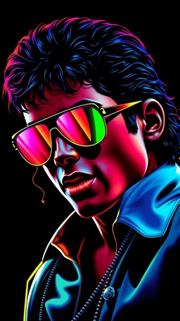 WPAP Pop art style Accurate Michael Jackson Sunglasses dancing Moonwalker outside emboss 3d shiny cubis mirrors glass minimalist Neo Surrealisme Unique surrealistic artwork brutal multicolor neon colors,find details,UHD neons,black background