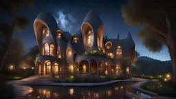 Hermosa casa, arquitectura perfecta, estilo Antoni Gaudí, Art Nouveau, ambiente rural, noche oscura, estrellas, luciérnagas, atractivo, pacífico, sorprendente, exquisito, suave iluminación volumétrica natural, árboles, río, montañas, jardines, fotografía premiada, fotorrealismo , detalles magníficos, claroscuro, hermosa composición, obra maestra, renderizado de octanaje increíblemente detallado, fotografía artística de 8k