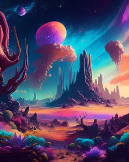 A breathtaking panorama of an alien landscape, with towering crystalline formations, glowing flora, and a vast, multicolored sky filled with celestial wonders. The scene is filled with a sense of awe and mystery, inviting the viewer to explore the uncharted terrain and ponder the unknown. 16K resolution, vivid colors, and imaginative details make this image a feast for the eyes.