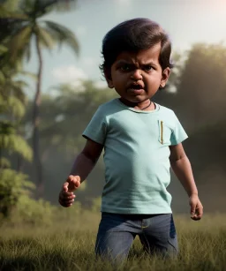 Raj kootrappali toddler, full body, dramatic lighting, angry, hyper realistic,