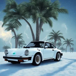 1980's aesthetic vaporwave palm trees with porsche in the winter snow with lightning